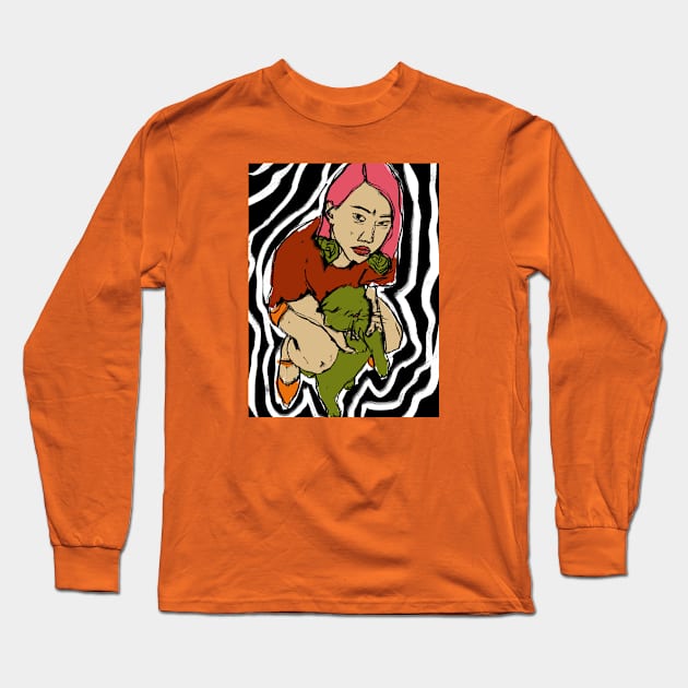 A Girl With A Cat Long Sleeve T-Shirt by gnomeapple